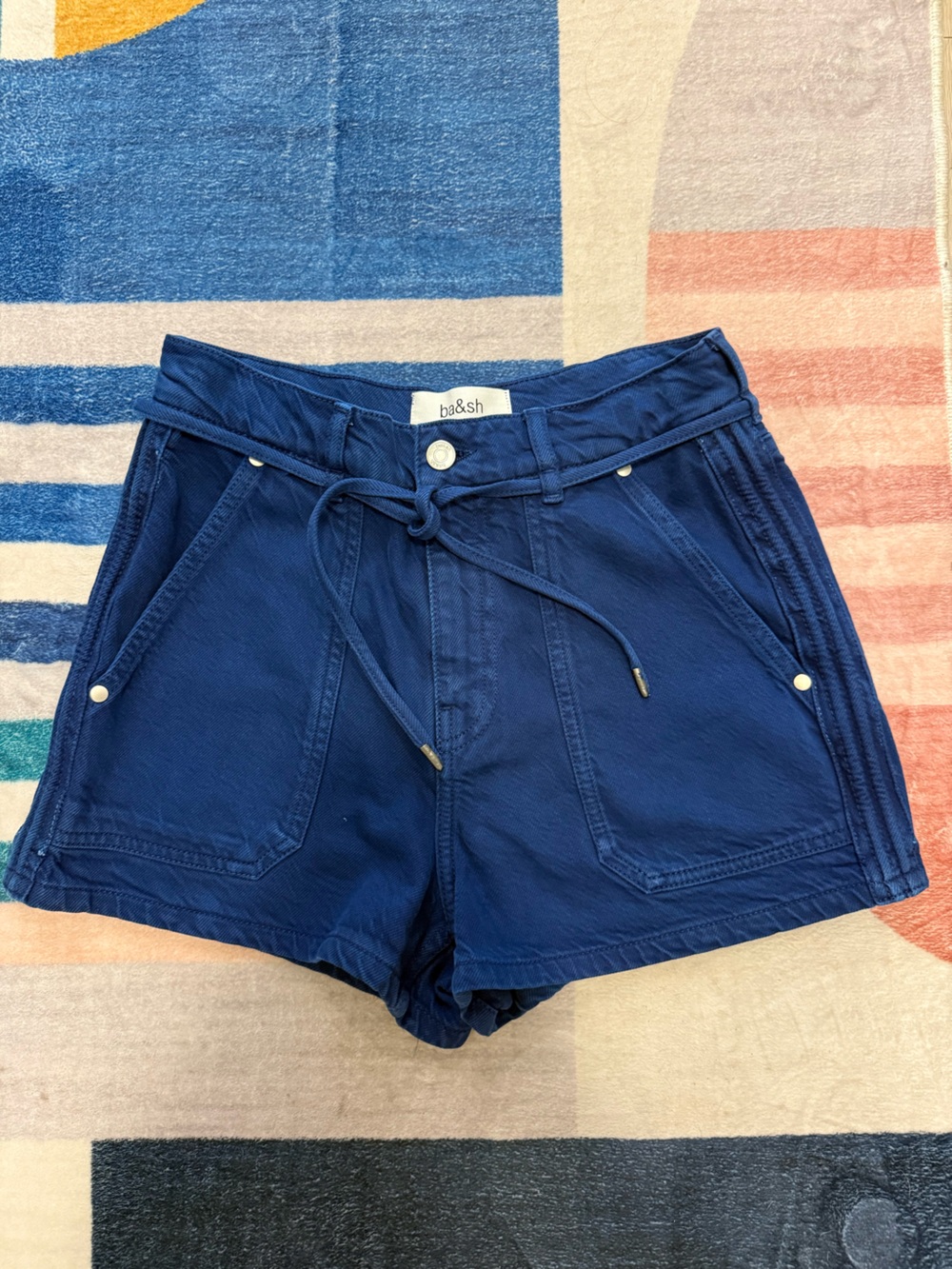 Ba&sh Catia High Waisted Drawstring Patch Pocket Denim Shorts Indigo Sz 36